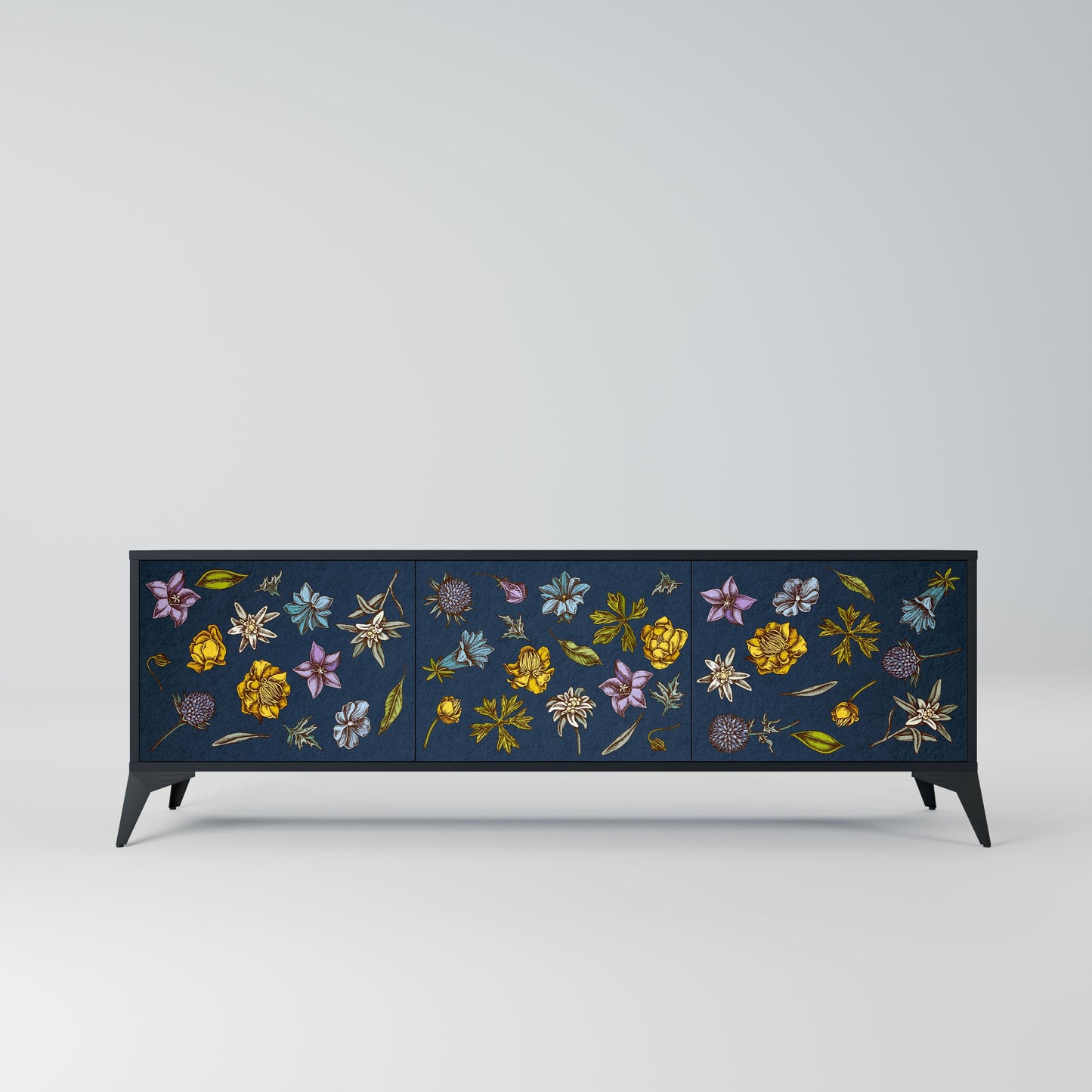 FLOWERS ON NAVY BLUE 3-Door TV Stand in Black Finish