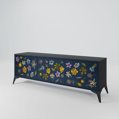 FLOWERS ON NAVY BLUE 3-Door TV Stand in Black Finish