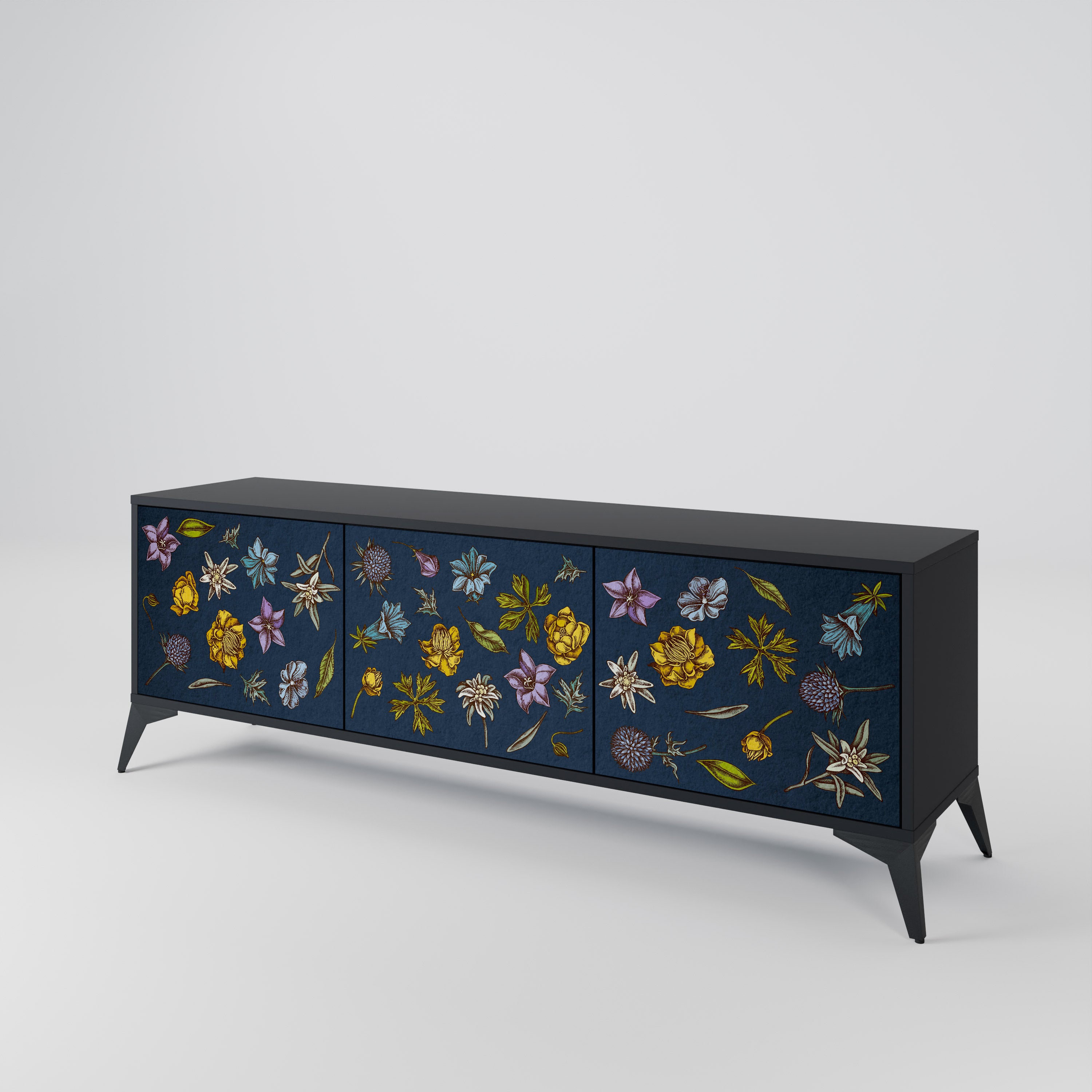 FLOWERS ON NAVY BLUE 3-Door TV Cabinet