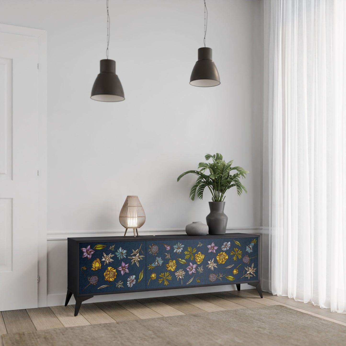 FLOWERS ON NAVY BLUE 3-Door TV Stand in Black Finish