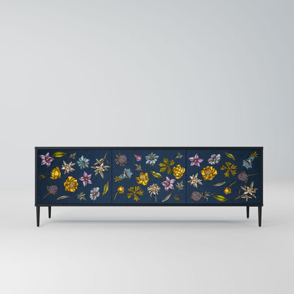 FLOWERS ON NAVY BLUE 3-Door TV Stand in Black Finish