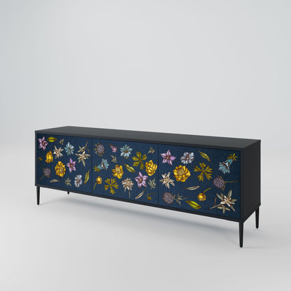 FLOWERS ON NAVY BLUE 3-Door TV Stand in Black Finish