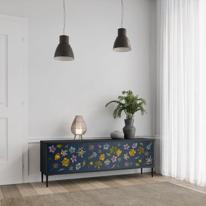 FLOWERS ON NAVY BLUE 3-Door TV Stand in Black Finish