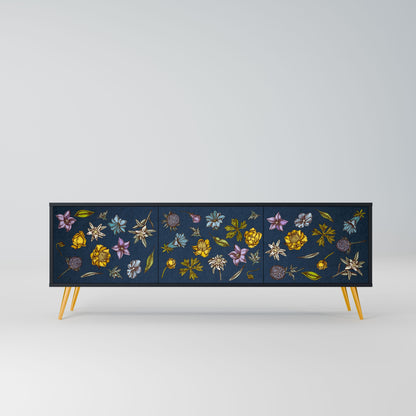 FLOWERS ON NAVY BLUE 3-Door TV Stand in Black Finish