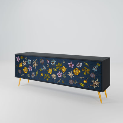 FLOWERS ON NAVY BLUE 3-Door TV Stand in Black Finish