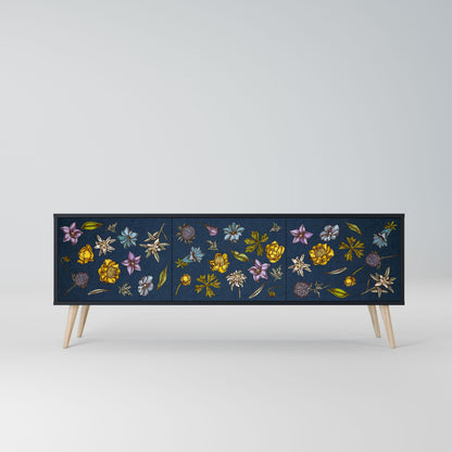 FLOWERS ON NAVY BLUE 3-Door TV Stand in Black Finish