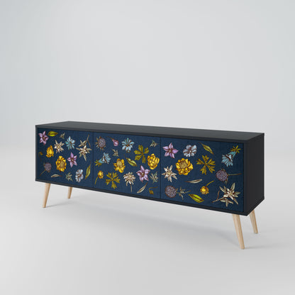 FLOWERS ON NAVY BLUE 3-Door TV Stand in Black Finish