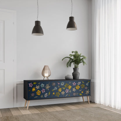 FLOWERS ON NAVY BLUE 3-Door TV Stand in Black Finish