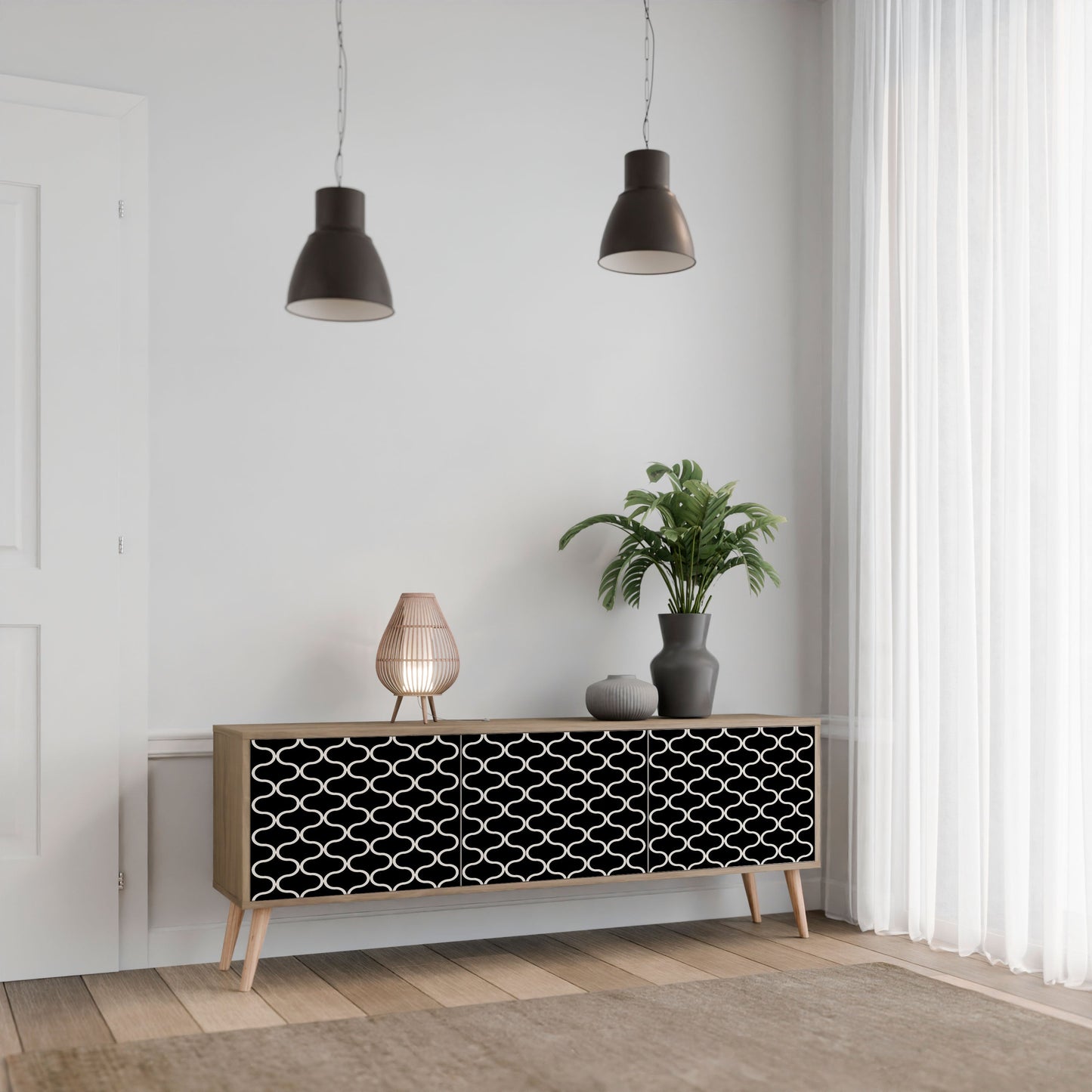 TESSELATED BLACKNESS 3-Door TV Stand in Oak Effect