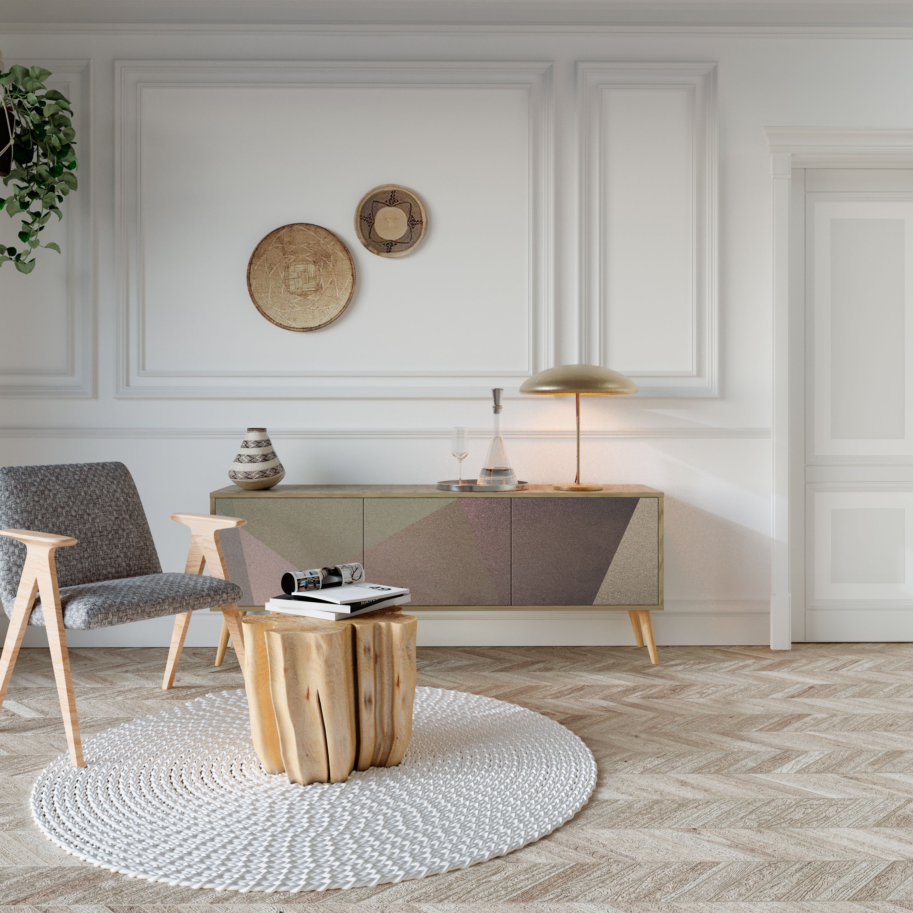 BEIGE GEOMETRY TV-bänk med 3 dörrar