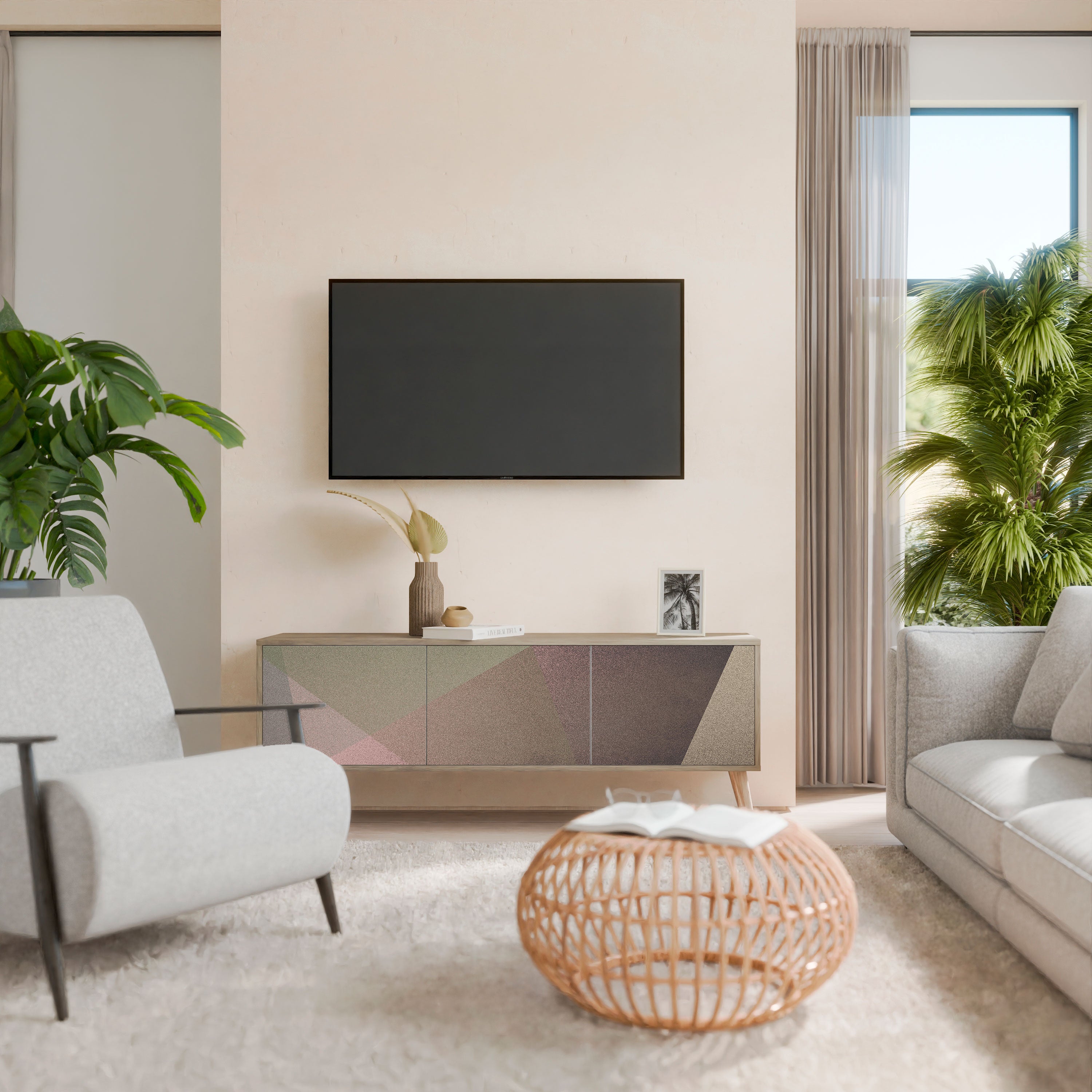 BEIGE GEOMETRY TV-bänk med 3 dörrar