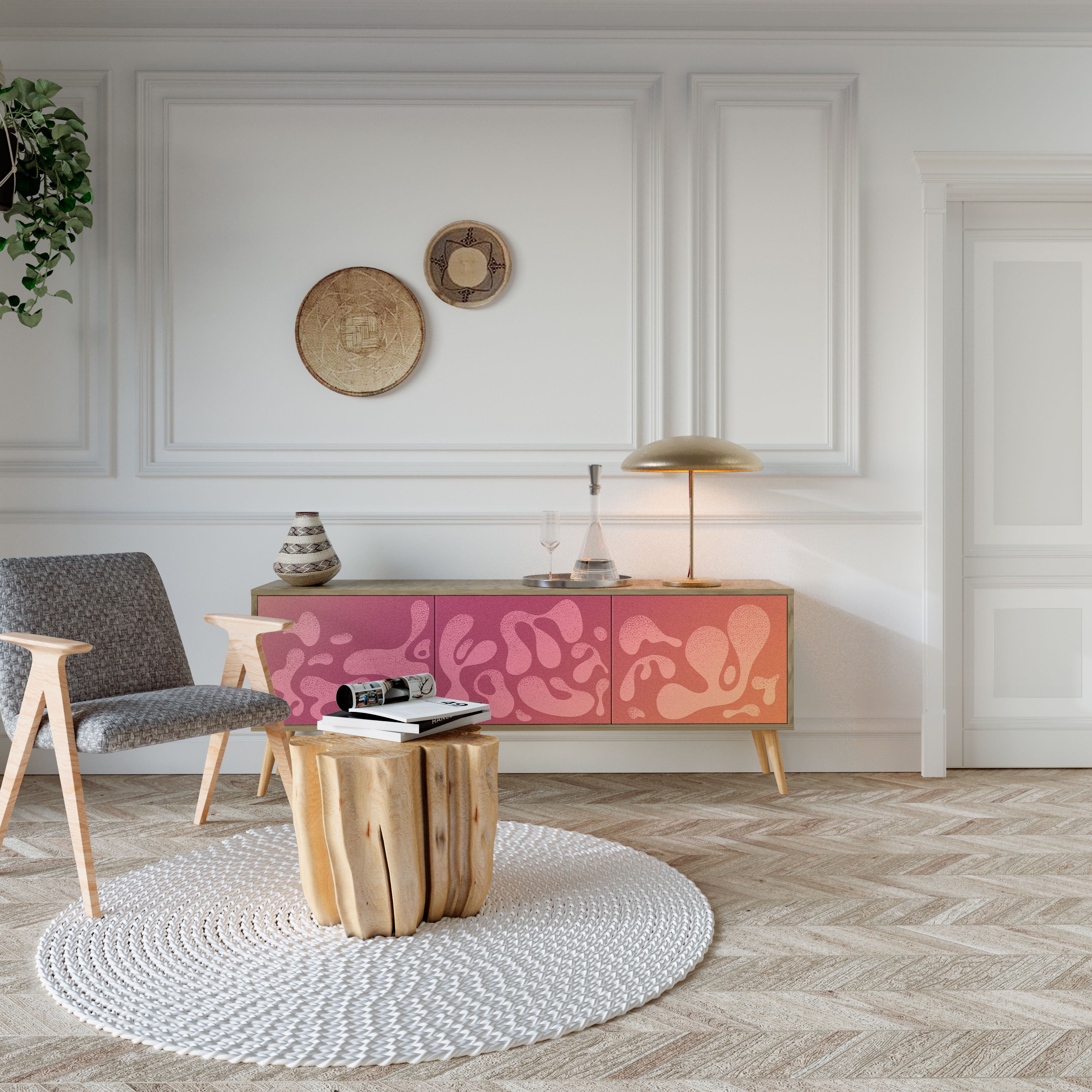 IRREGULAR PINK TV-bänk med 3 dörrar