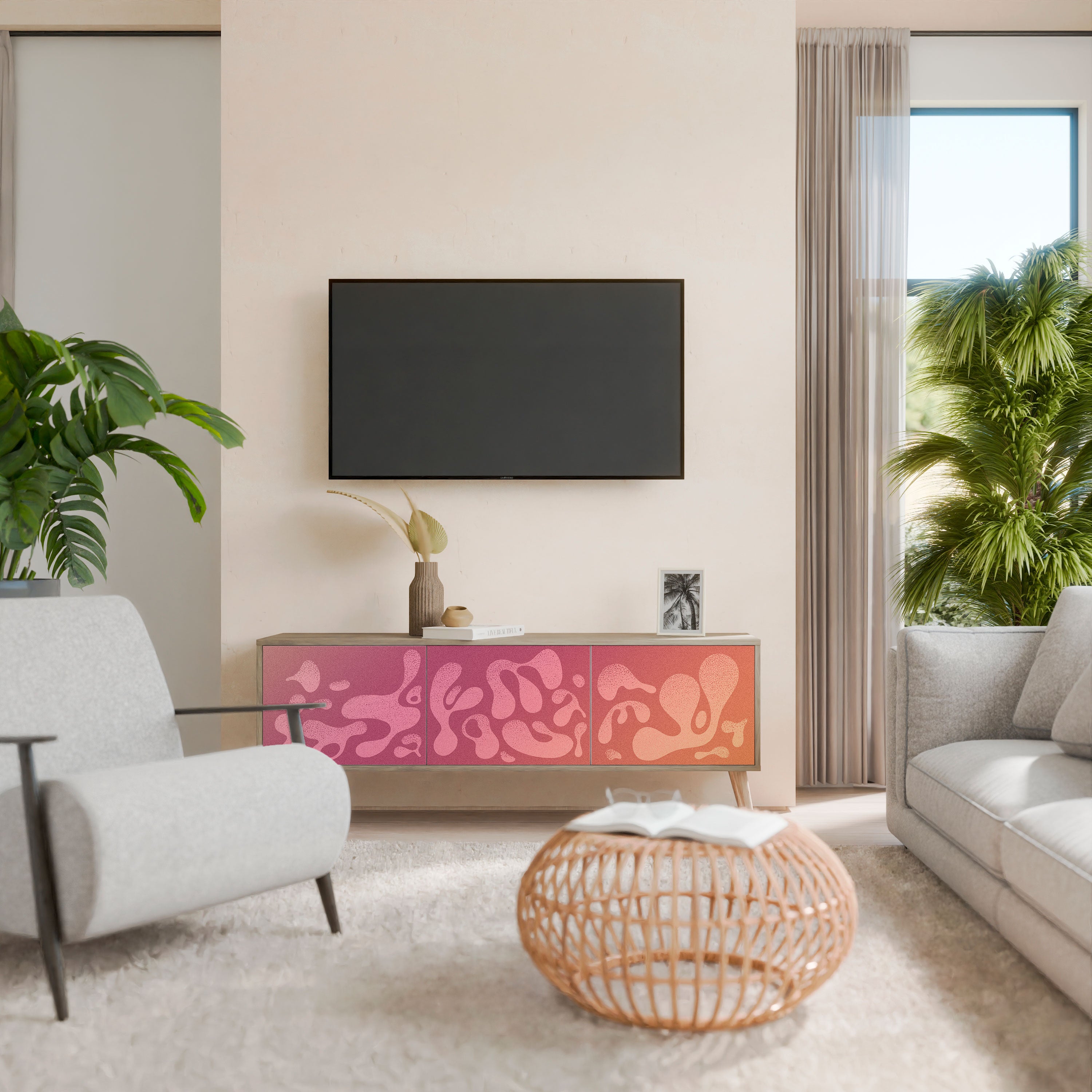 IRREGULAR PINK TV-bänk med 3 dörrar
