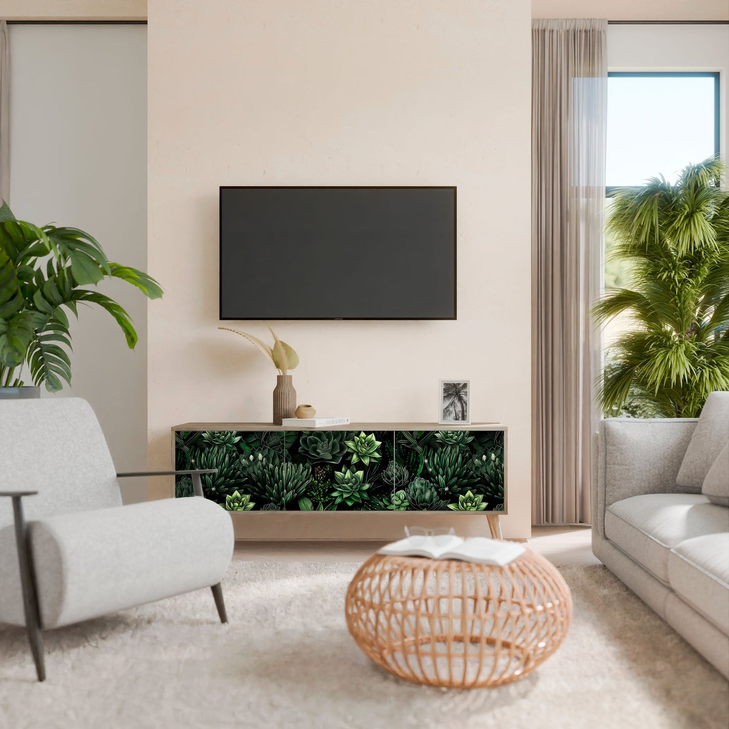 Mobile TV a 3 ante SUCCULENT JUNGLE in effetto rovere