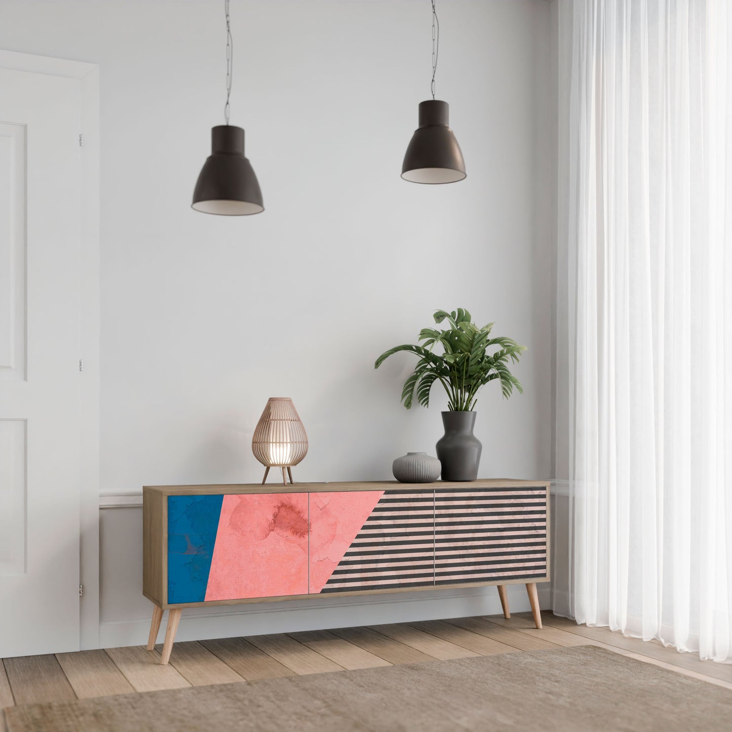 GLAMOROUS STRIPE 3-Door TV Stand in Oak Effect