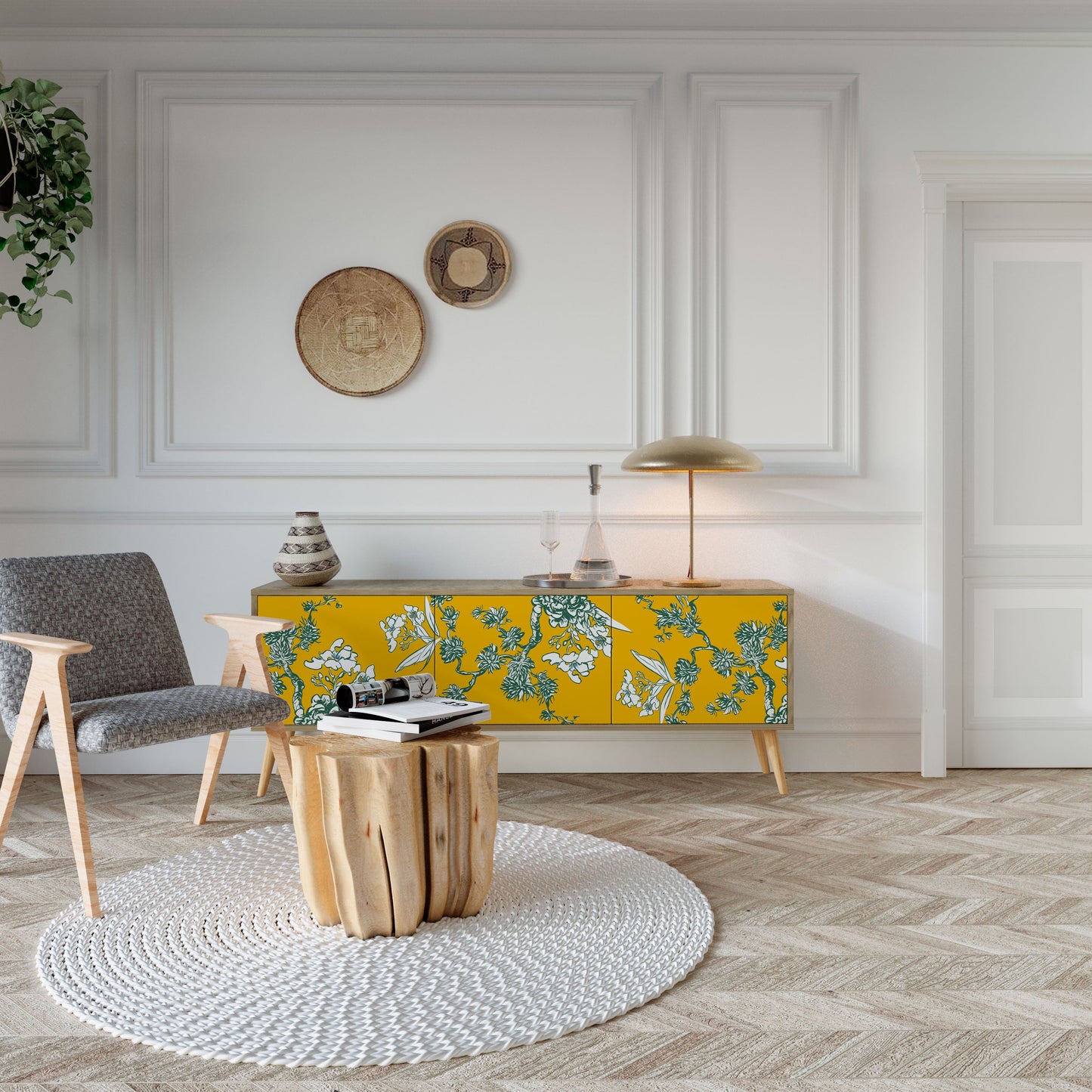 Mobile TV a 3 ante YELLOW CHINOISERIE in effetto rovere