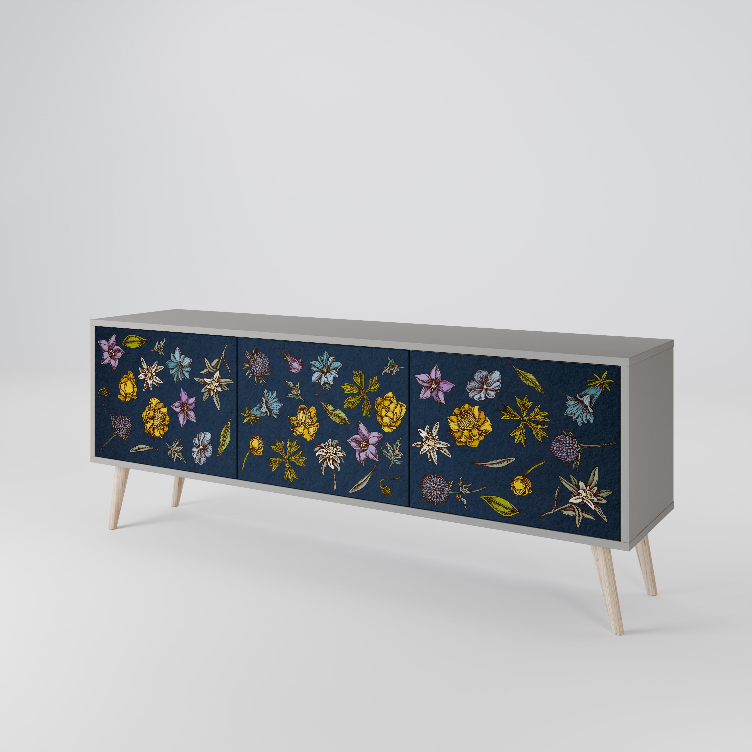 FLOWERS ON NAVY BLUE 3-Door TV Cabinet