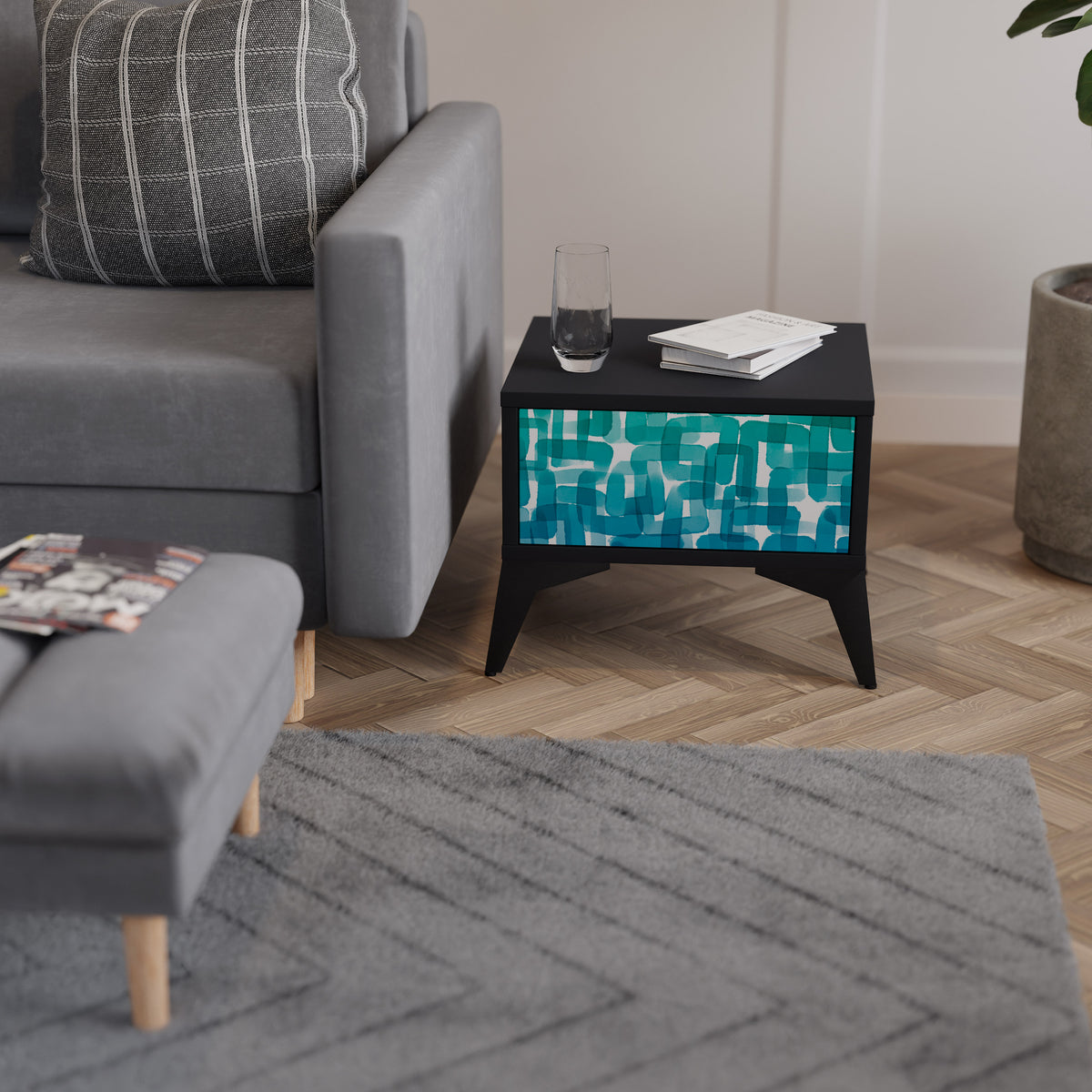 TURQUOISE RECTANGLES Nightstand with Drawer