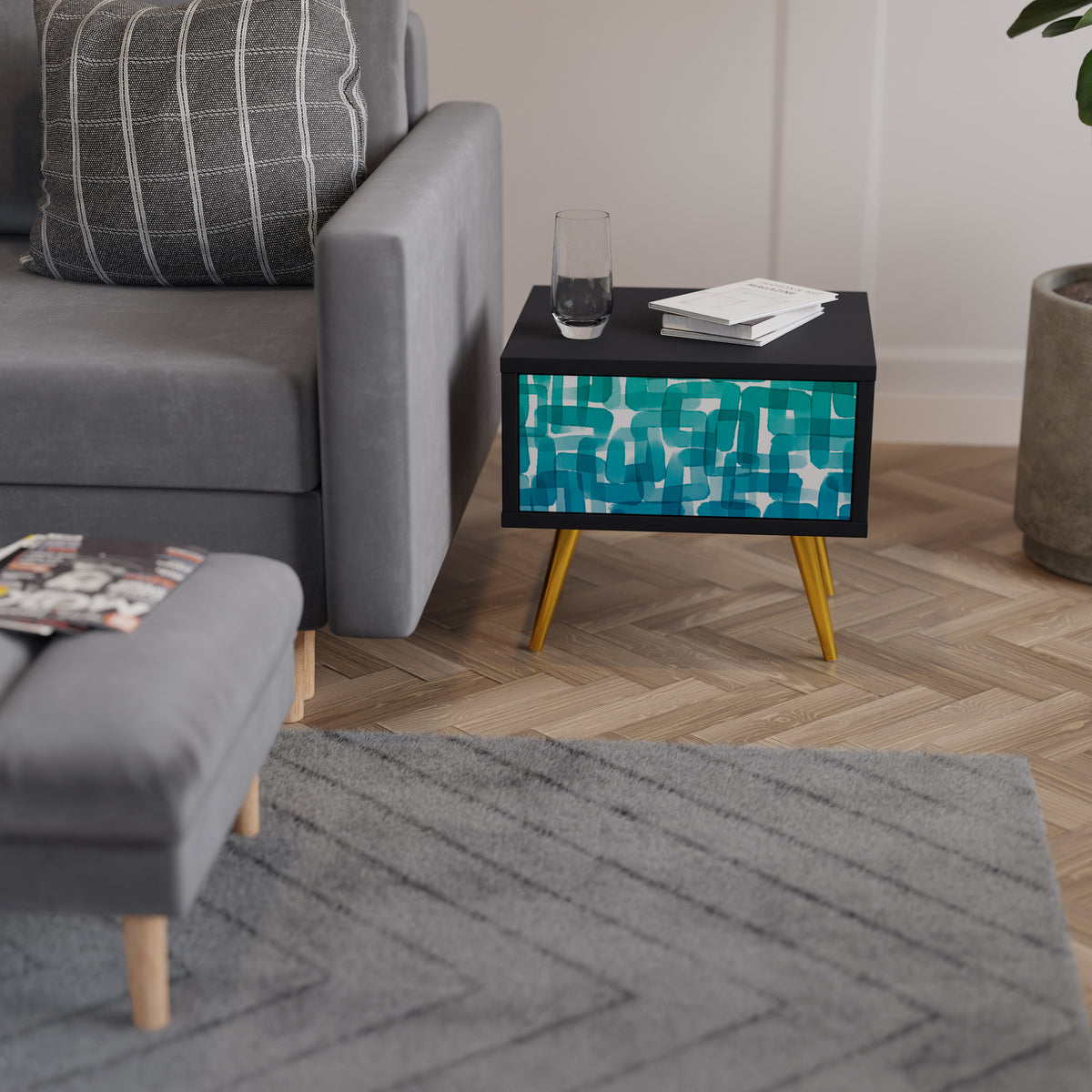 TURQUOISE RECTANGLES Nightstand with Drawer