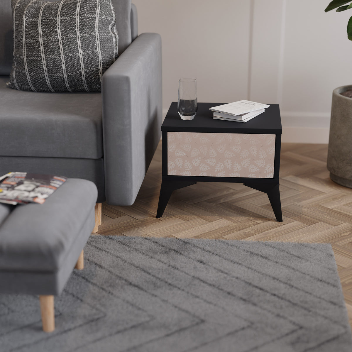 LEAVES ON BEIGE Nightstand with Drawer