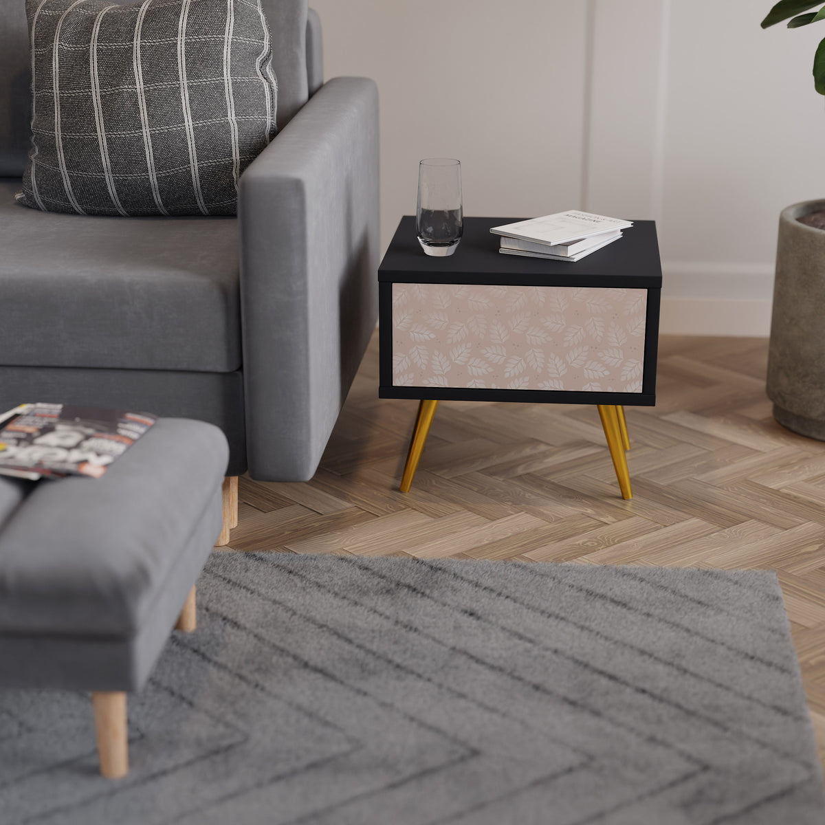 LEAVES ON BEIGE Nightstand with Drawer