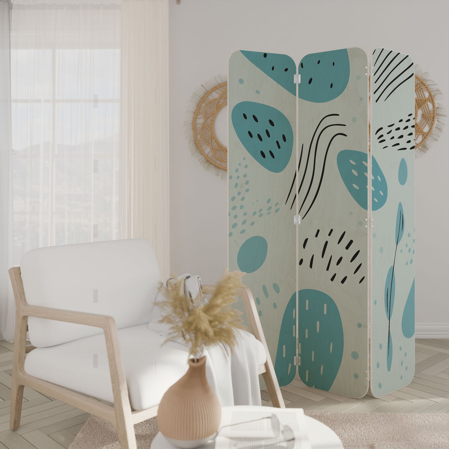 GREENISH FRENZY 3-Panel Plywood Room Divider