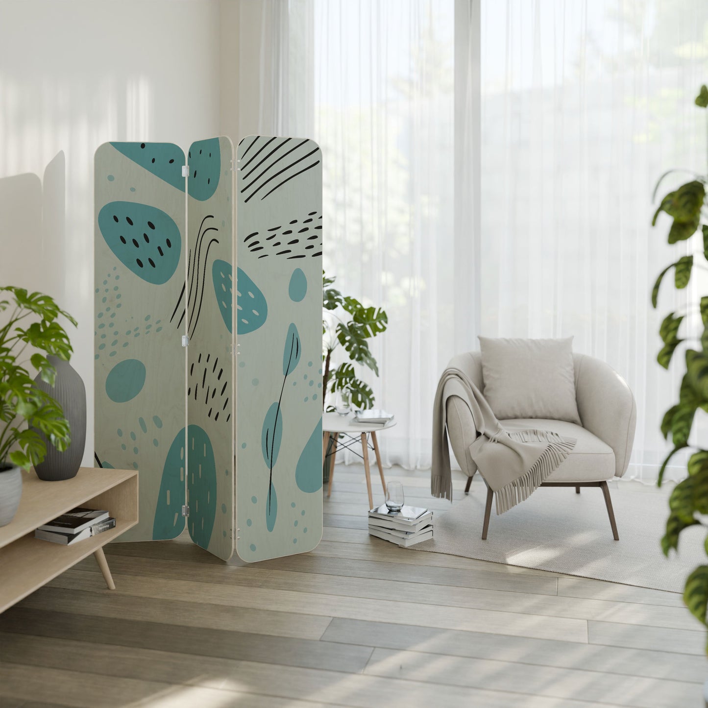 GREENISH FRENZY 3-Panel Plywood Room Divider