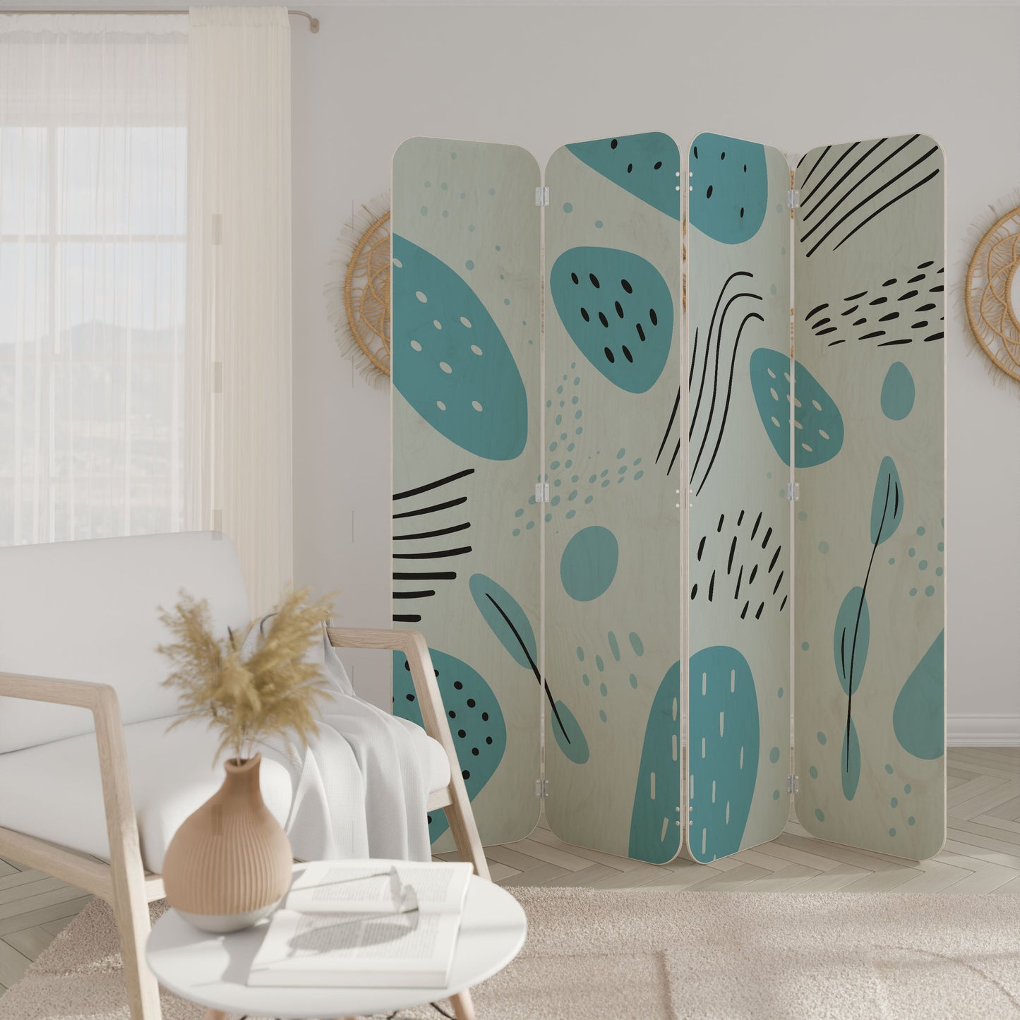 GREENISH FRENZY 4-Panel Plywood Room Divider