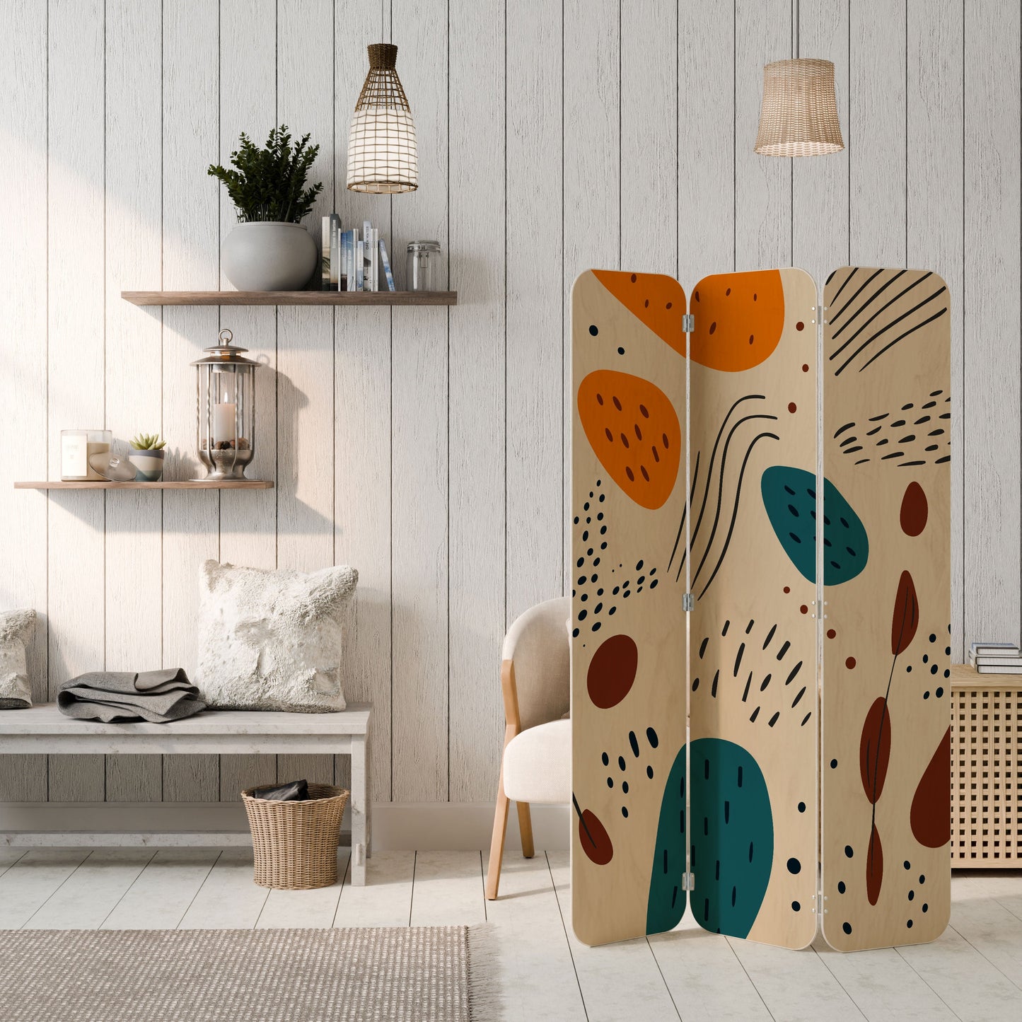 VIBRANT FRENZY 3-Panel Plywood Room Divider