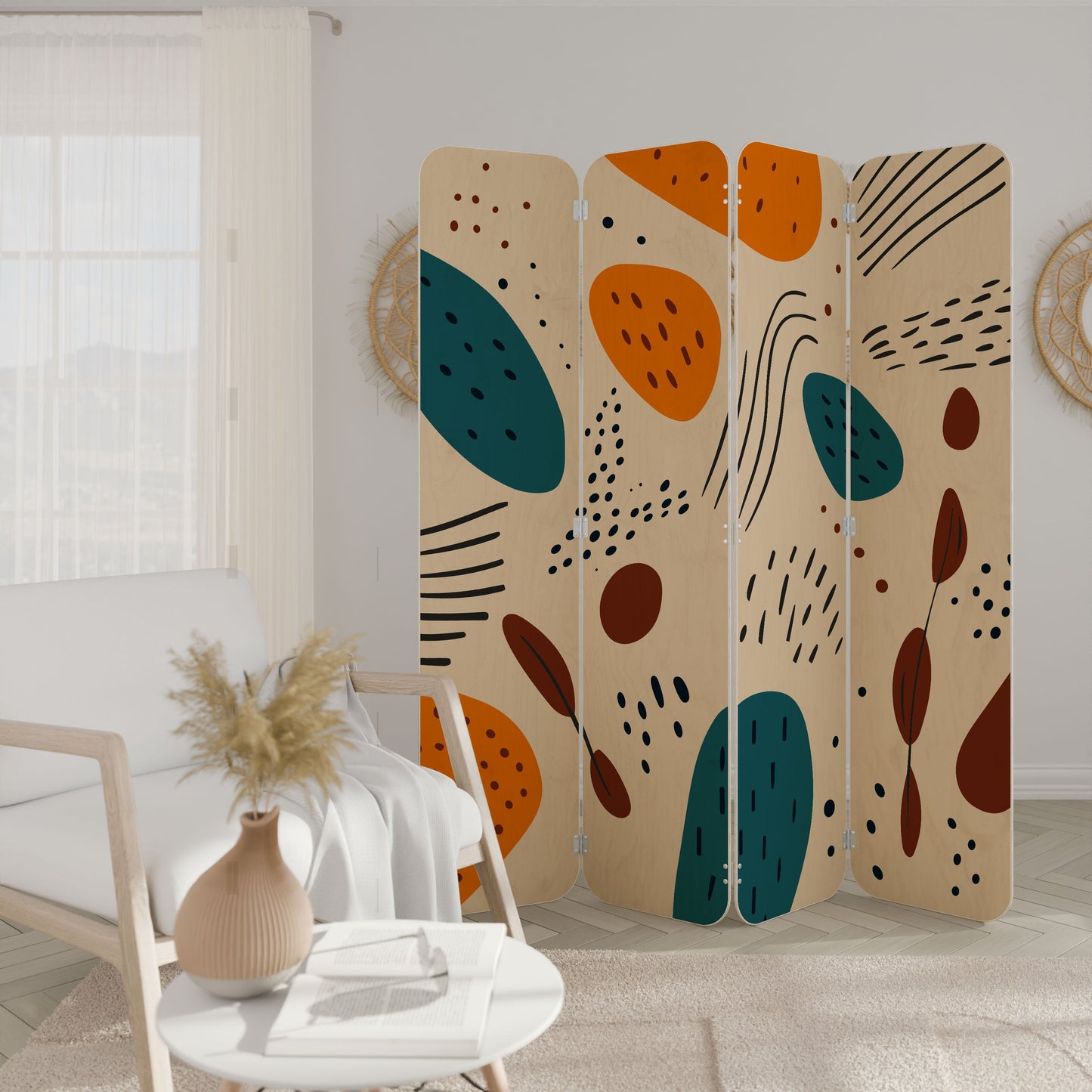 VIBRANT FRENZY 4-Panel Plywood Room Divider