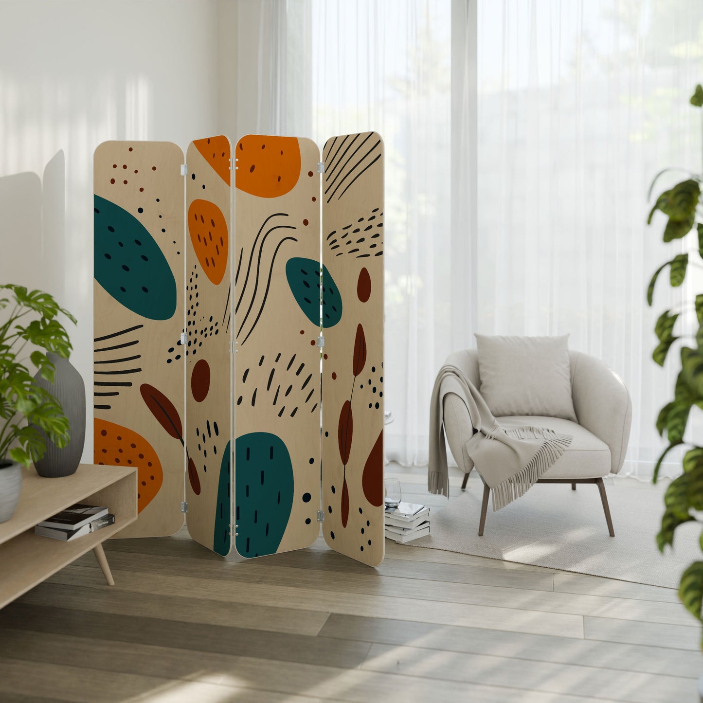 VIBRANT FRENZY 4-Panel Plywood Room Divider