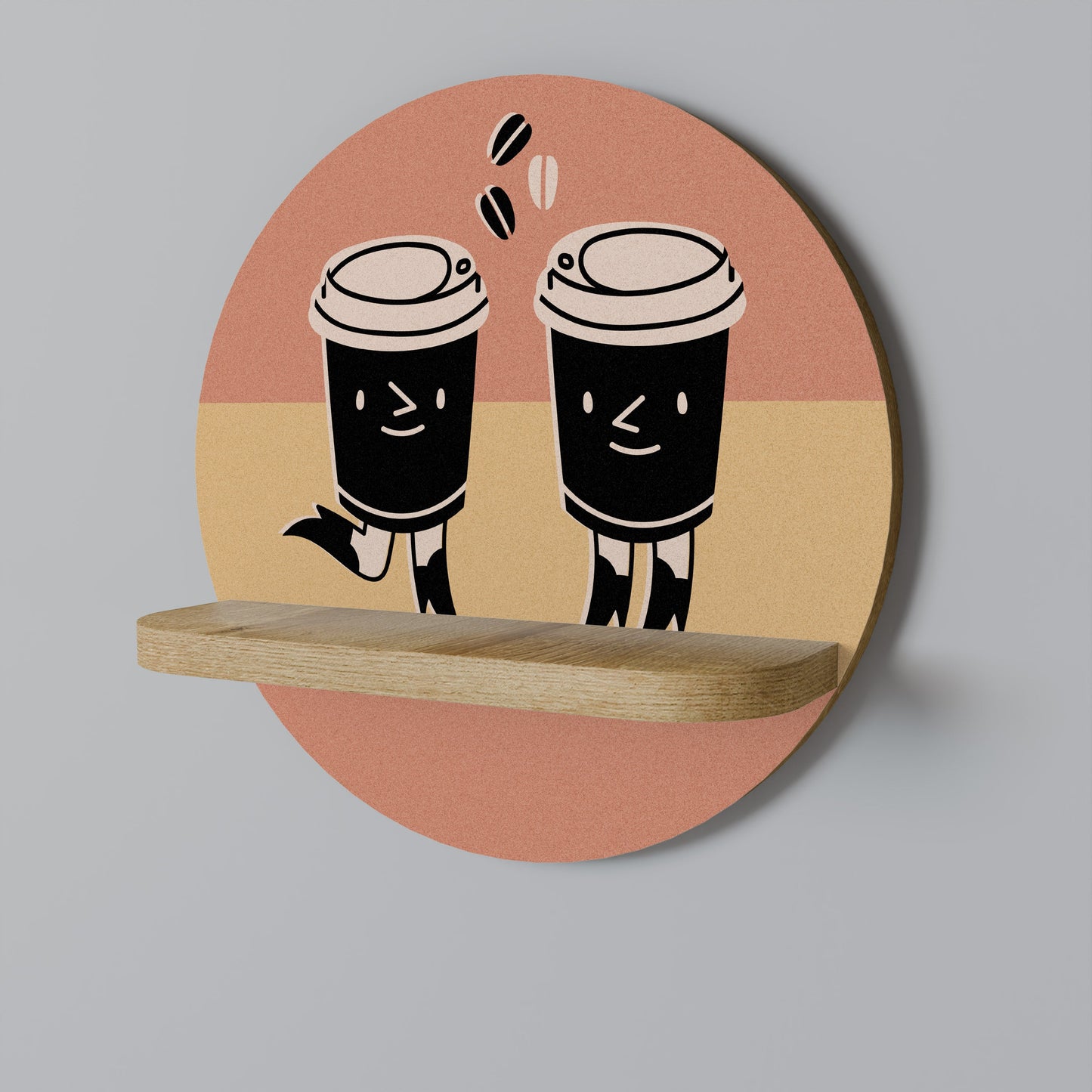 JOYFUL COFFEE Round Art Shelf In Oak Effect