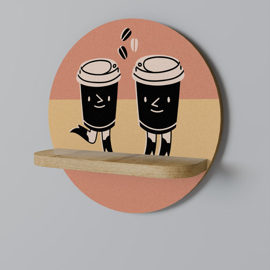 JOYFUL COFFEE Round Art Shelf In Oak Effect