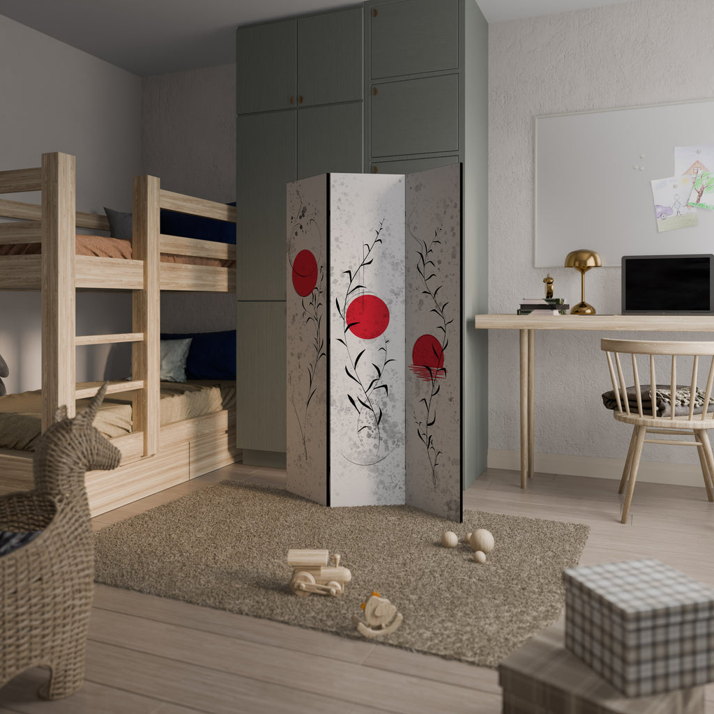 RED WHISPERS IN FOLIAGE Dekorativ rumsavdelare – 3 paneler