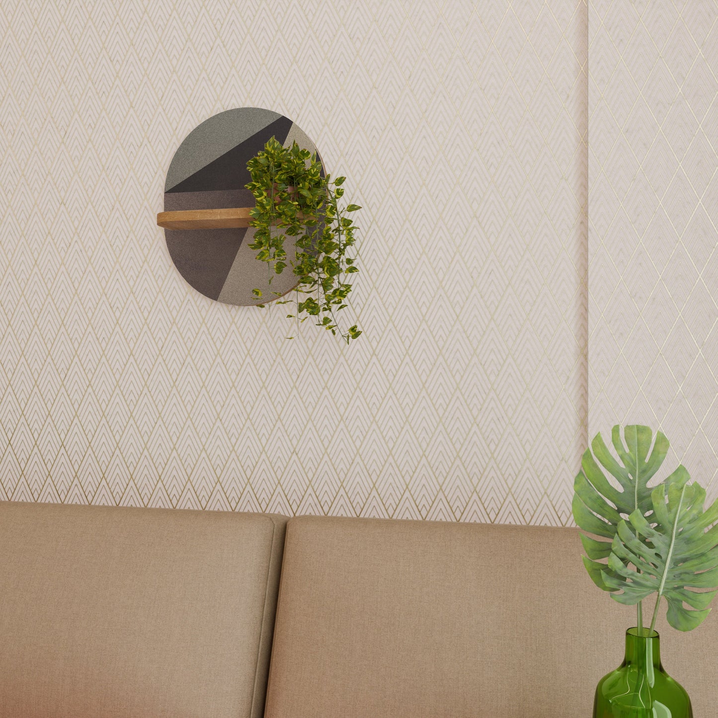 BEIGE GEOMETRY Oval Art Shelf In Oak Effect