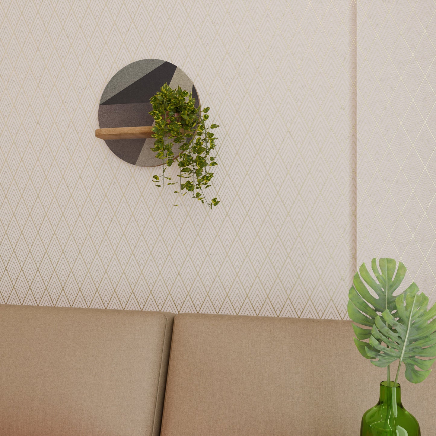 BEIGE GEOMETRY Round Art Shelf In Oak Effect