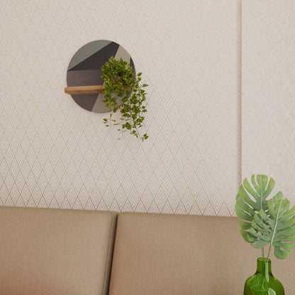 BEIGE GEOMETRY Round Art Shelf In Oak Effect