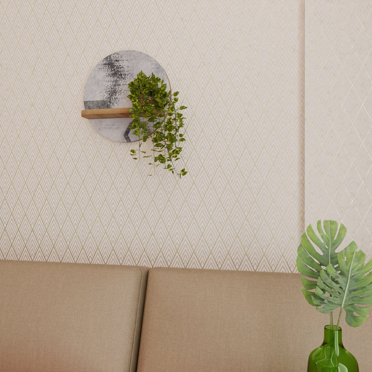 HEXAGONAL FIGURES Round Art Shelf In Oak Effect