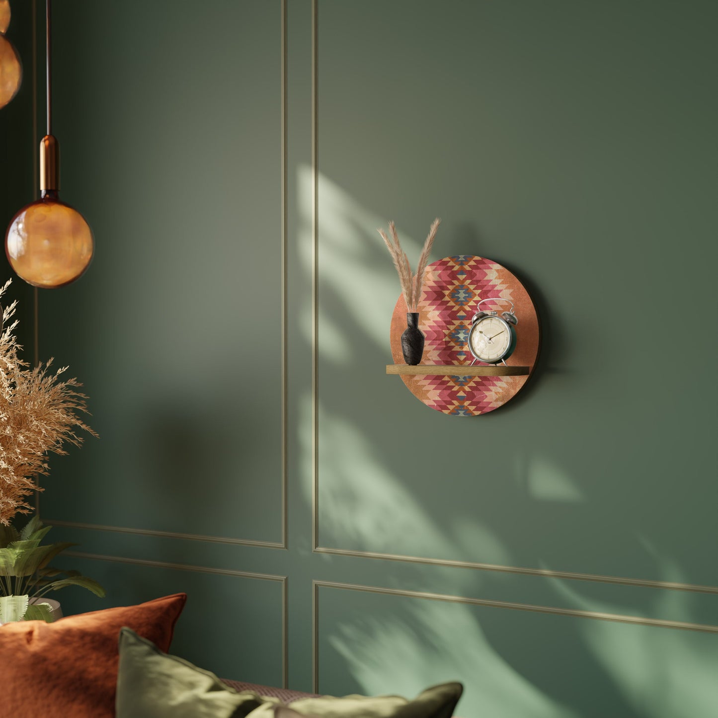 INDIAN FOLK Round Art Shelf In Oak Effect