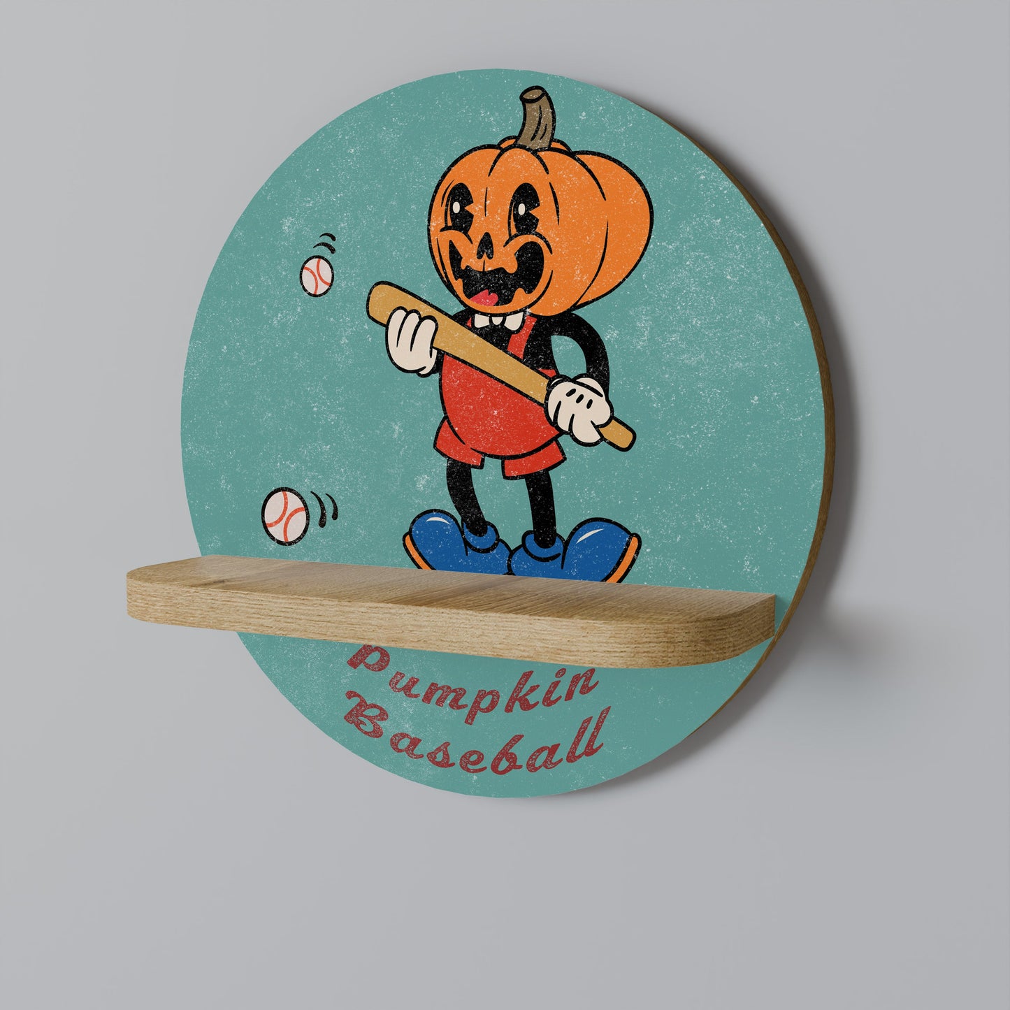 PUMPKIN BASEBALL Round Art Shelf In Oak Effect