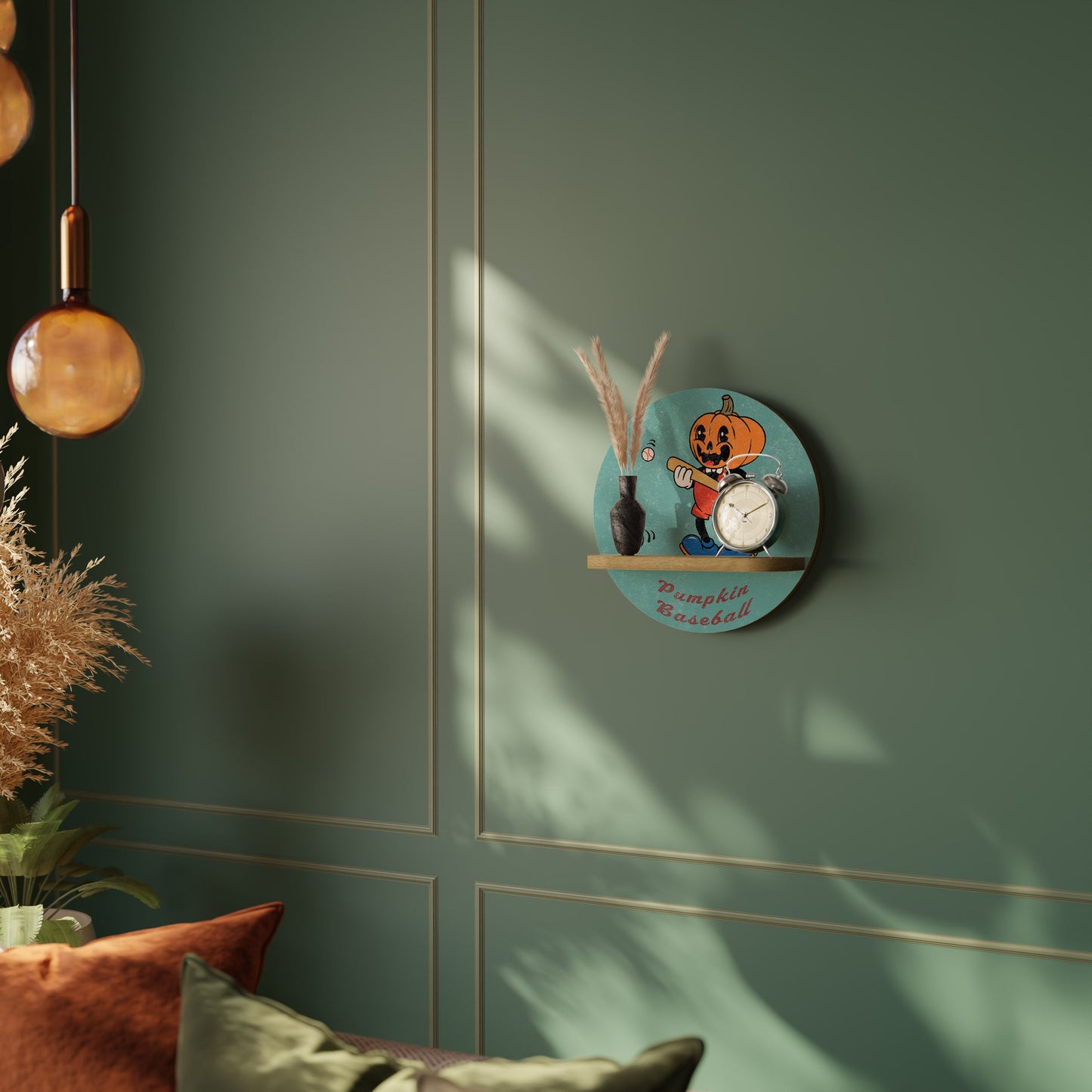 PUMPKIN BASEBALL Round Art Shelf In Oak Effect