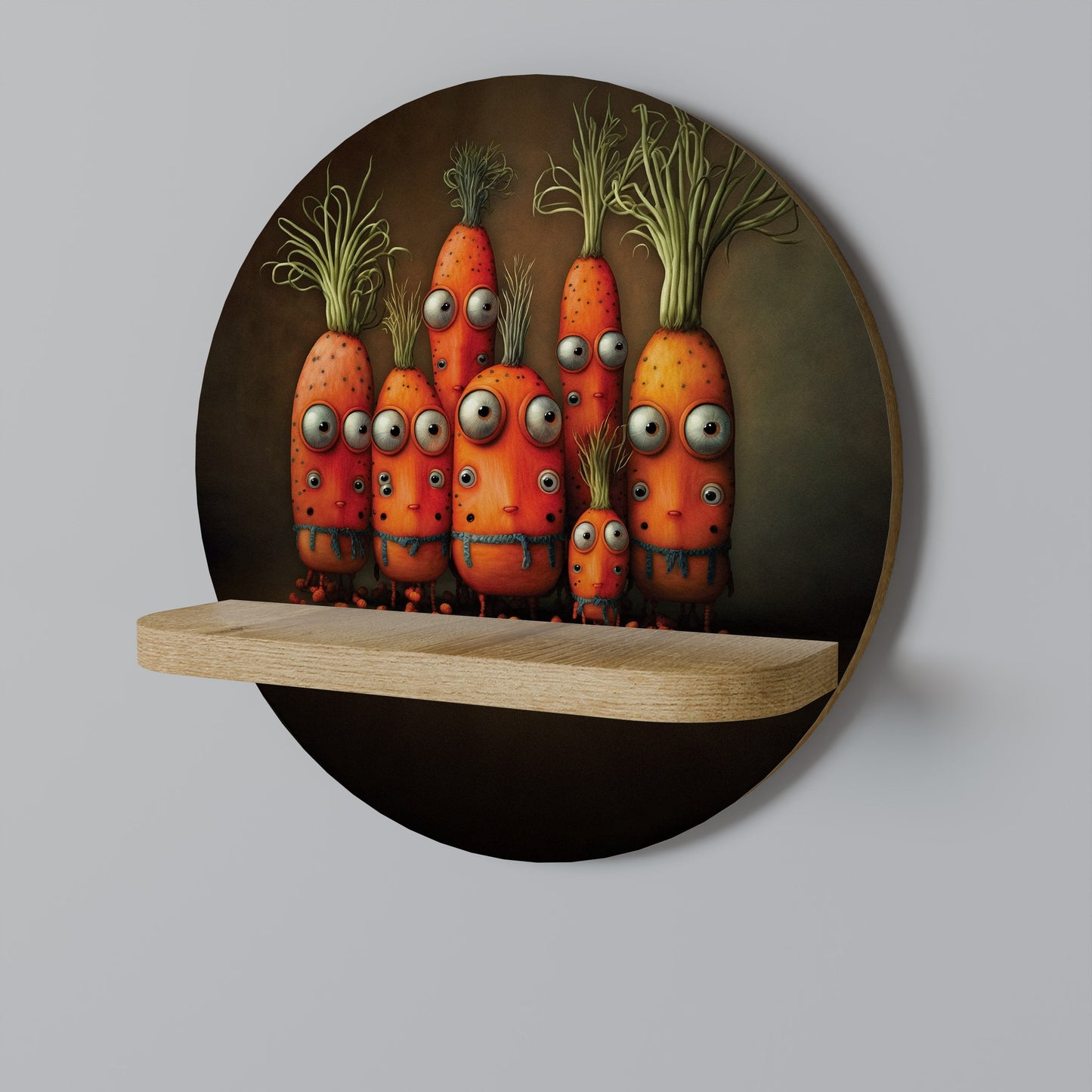 CUTE OR SCARY Round Art Shelf In Oak Effect