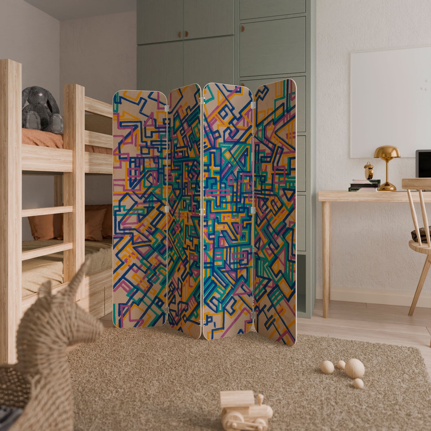 MEMORIES MAP 4-Panel Plywood Room Divider