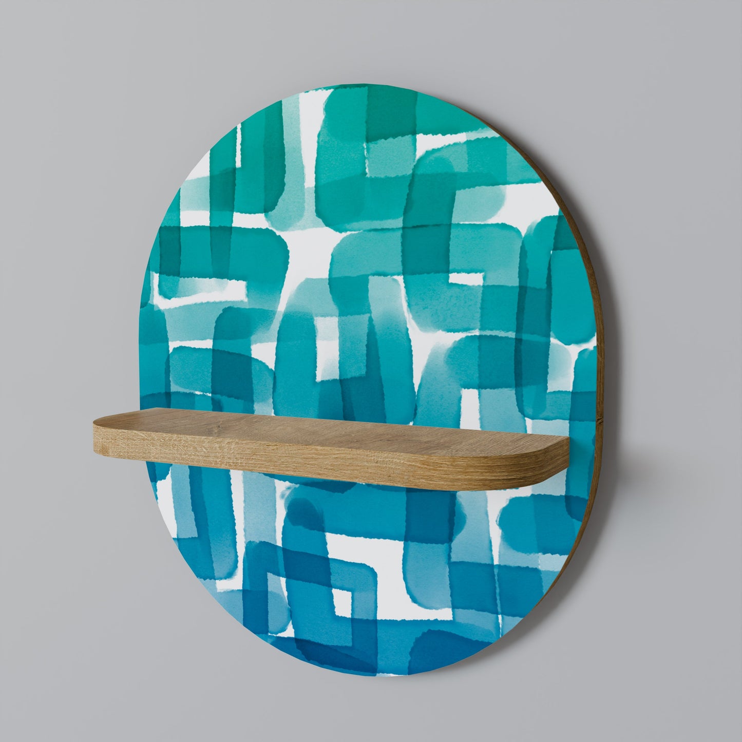 TURQUOISE RECTANGLES Oval Art Shelf In Oak Effect