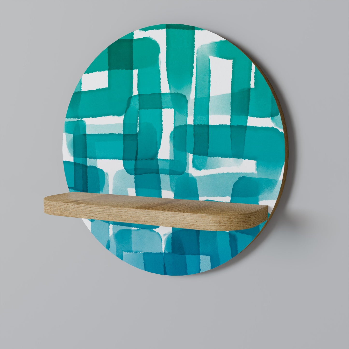 TURQUOISE RECTANGLES Round Art Shelf In Oak Effect