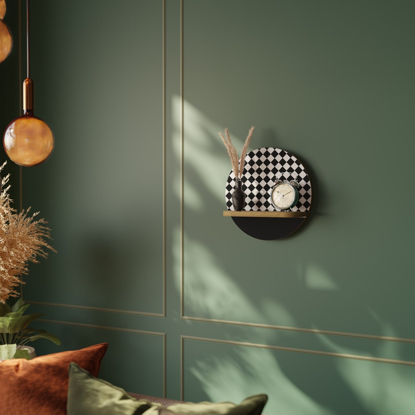 GRID GEOMETRY Round Art Shelf In Oak Effect