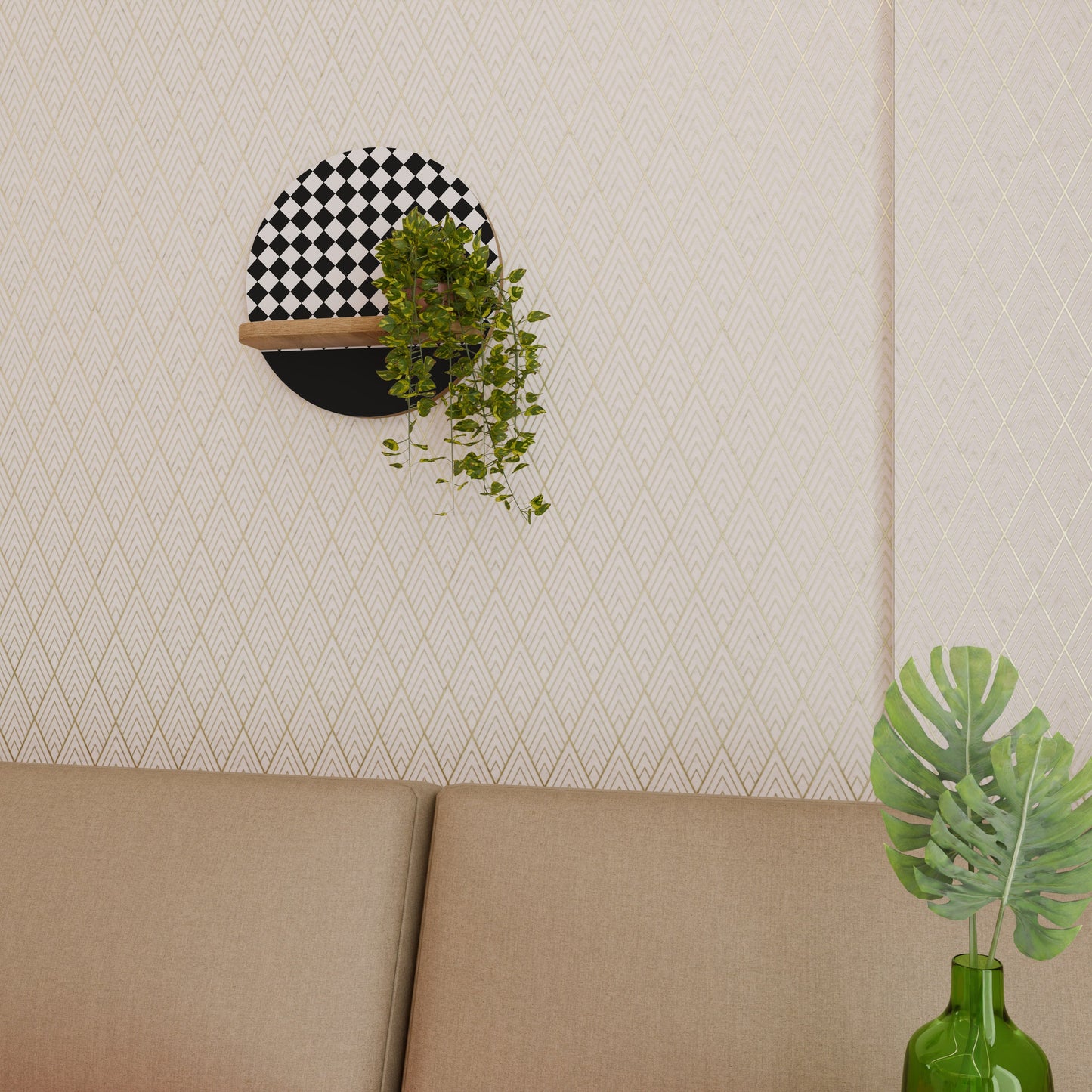 GRID GEOMETRY Round Art Shelf In Oak Effect