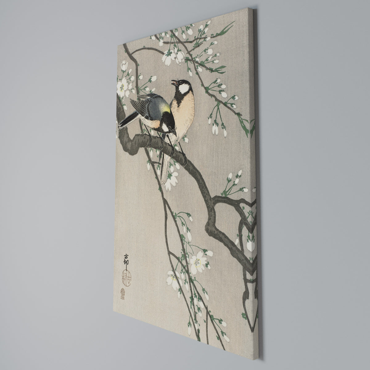 TITS ON CHERRY BRANCH Vertical Canvas Print