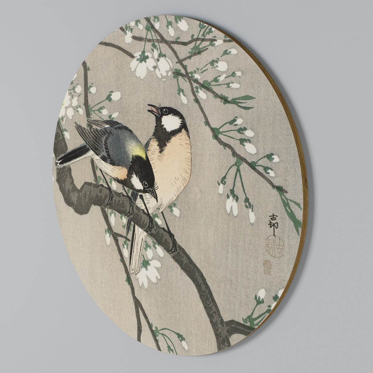 TITS ON CHERRY BRANCH Arte de pared redondo