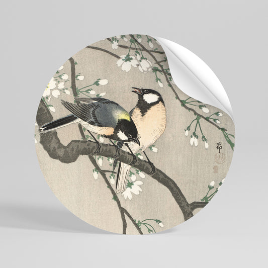 TITS ON CHERRY BRANCH Peel and Stick Round Sticker